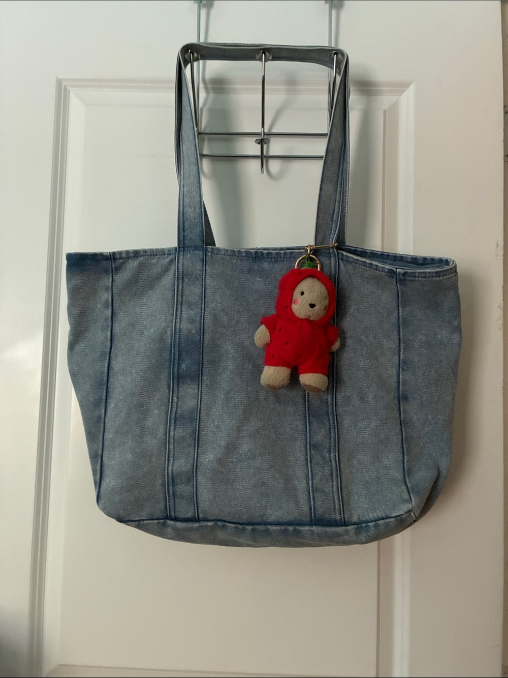 Zara Light Blue Denim Tote with Red Plush Charm